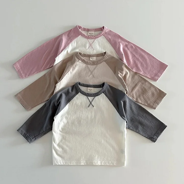 【73-100cm】ベビー カラー切り替え トップス 長袖Ｔシャツ