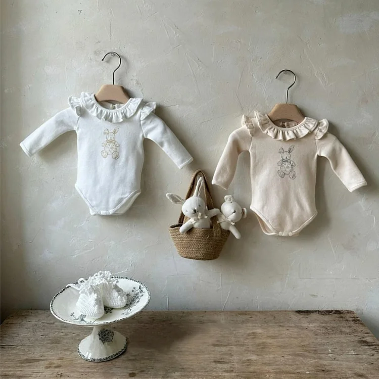 【66-90】ロンパース フリル襟 ウサギ柄 肌触り良い 可愛い ベビー服 - 画像 (2)