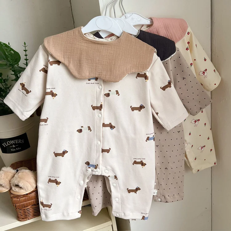 【66-90】オールインワン 犬ORリボンORウサギ柄 肌触り良い ベビー服