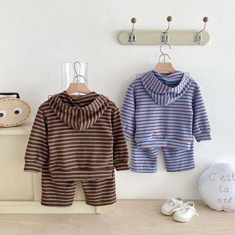 【80-130】セットアップ ボーダー フード付き カジュアル 子供服 - 画像 (3)