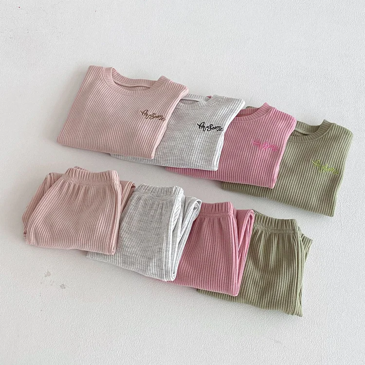 【80-130】セットアップ 英字刺繡 ワッフル シンプル 子供服 - 画像 (3)