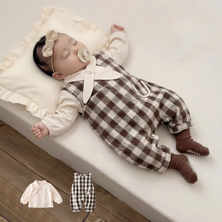 【73-100】オールインワン チェック柄 可愛い ベビー服 - 画像 (2)