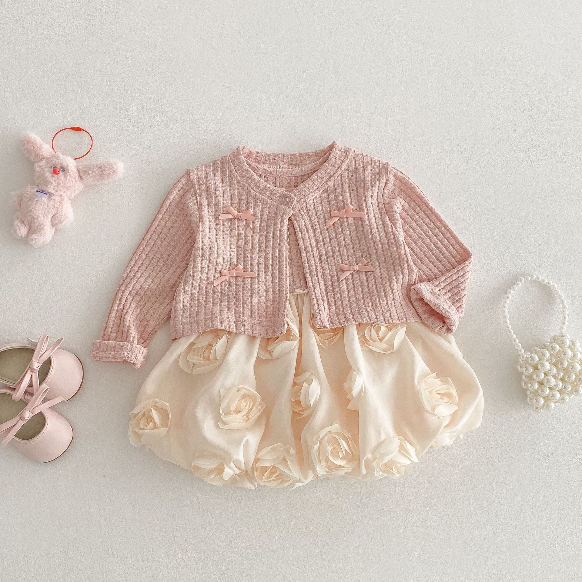 【73-120】カーディガンORワンピース リボン付き クリーム ローズ ベビー服 - 画像 (7)