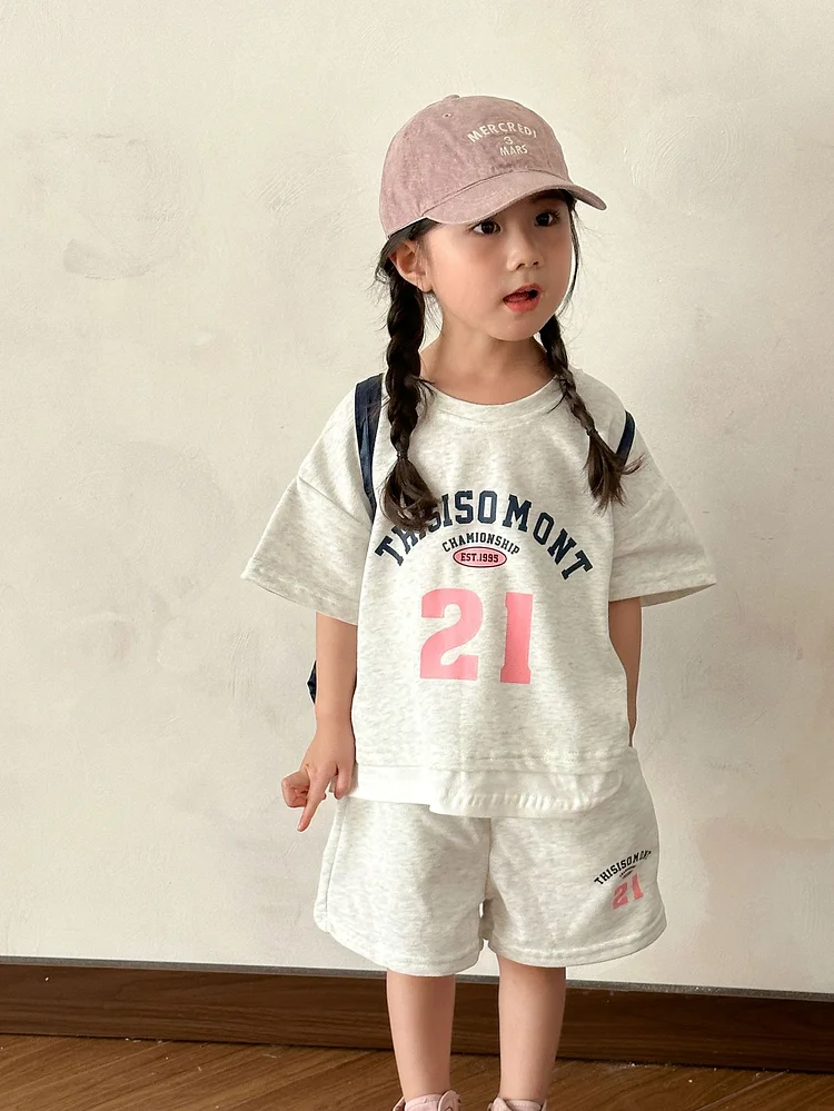 【80-150】キッズ服 数字ロゴ セットアップ 半袖Tシャツ+ショートパンツ - 画像 (6)
