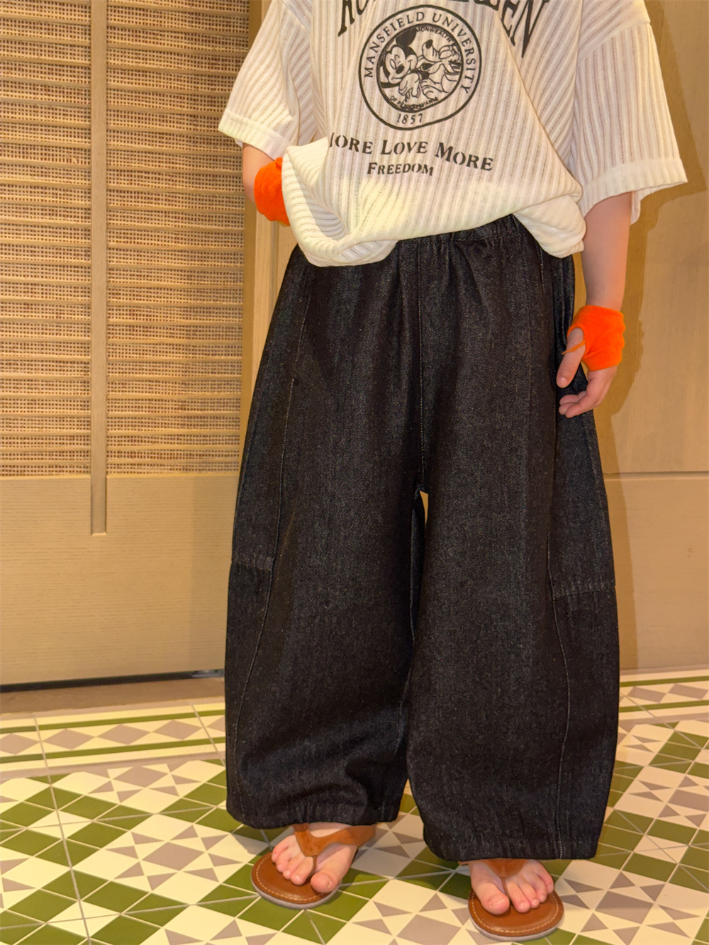 【90-150】ワイドデニムパンツ キッズ 無地 男女兼用 カーブデニム ゆったり カジュアル 子供服 - 画像 (3)