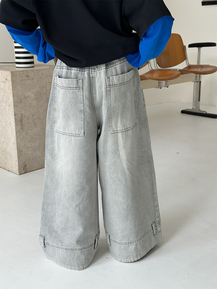 【90-150】デニムパンツ ストレート ゆったり ライトカラー サンドウォッシュ加工 カジュアル ロングパンツ - 画像 (5)