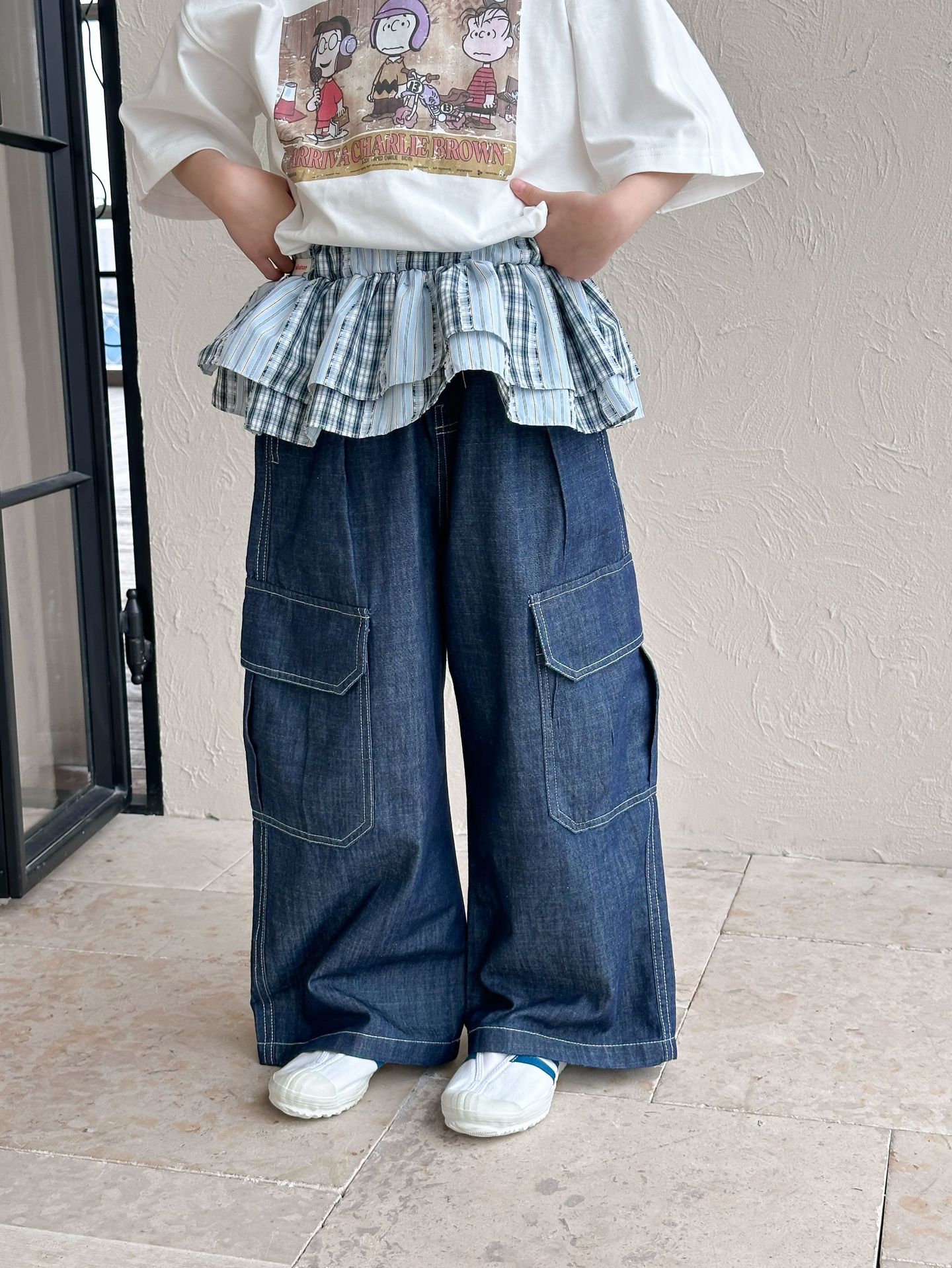 【90-150】デニムパンツ ストレート 薄手 サイドポケット ステッチ カジュアル ボトムス - 画像 (6)