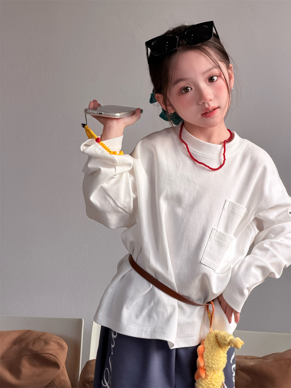 【90-150】長袖Tシャツ 男女兼用 無地 クルーネック プルオーバー カジュアル トップス - 画像 (6)