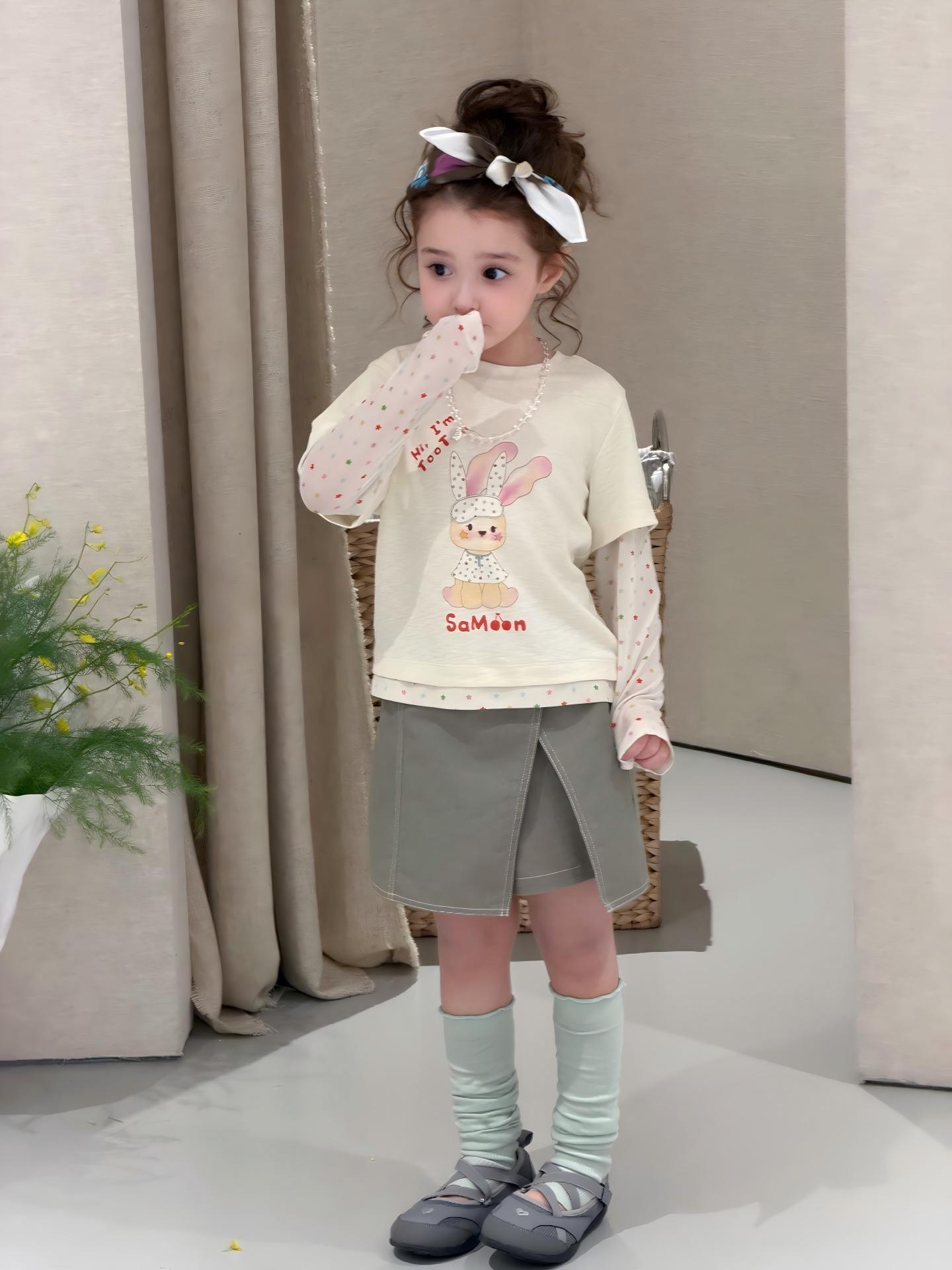 【90-140cm】Ｔシャツ or キュロット 女の子 うさぎ柄 レイヤード風