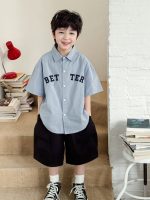 【90-150】シャツ 男の子 襟付き 半袖 ロゴ刺繍 カレッジ風 カジュアル トップス