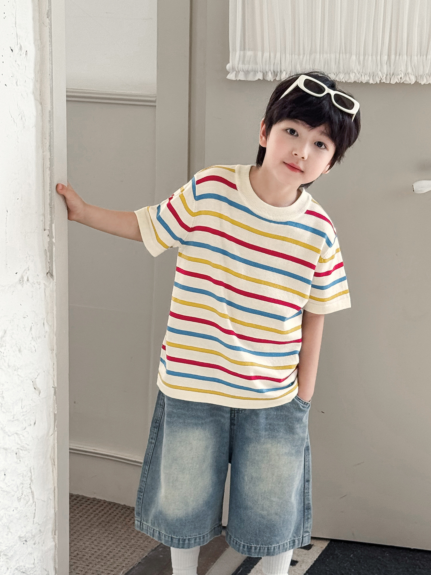 O1CN0195Qazl1P8A3yPYFNT_3646241795-0-cib.jpg 【90-150】半袖Tシャツ 男の子 ボーダー柄 クルーネック 薄手 カジュアル 韓国風 トップス - 画像 (1)
