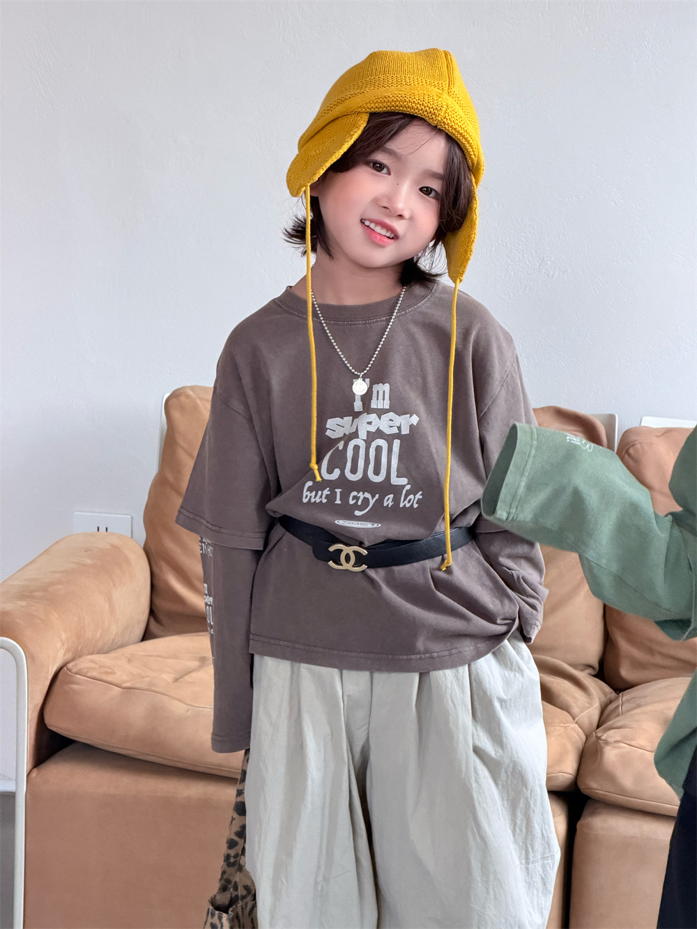 【90-150】長袖Tシャツ 男女兼用 フェイクレイヤード ウォッシュ加工 クルーネック トップス - 画像 (4)