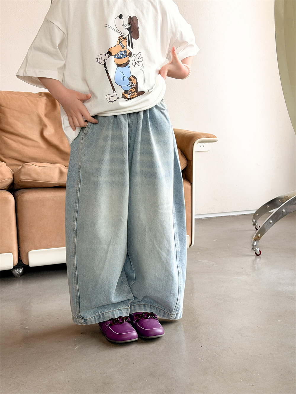 【90-150】デニムパンツ ゆったり ライトブルー カジュアル ロングパンツ - 画像 (6)