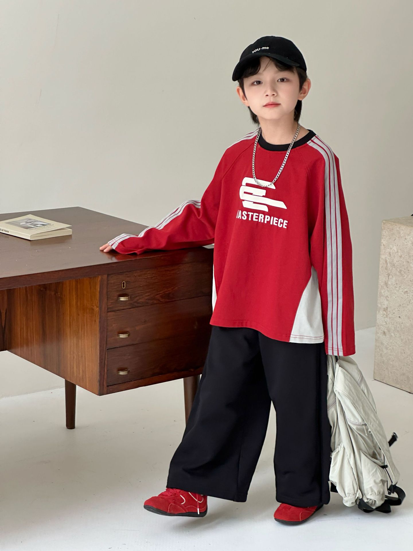 【90-150】Tシャツ 配色ライン プリント カジュアル 長袖トップス - 画像 (3)