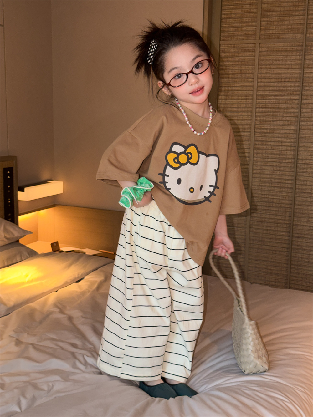 【90-150】カジュアルパンツ 男女兼用 ボーダー柄 ゆったり ワイドパンツ - 画像 (6)