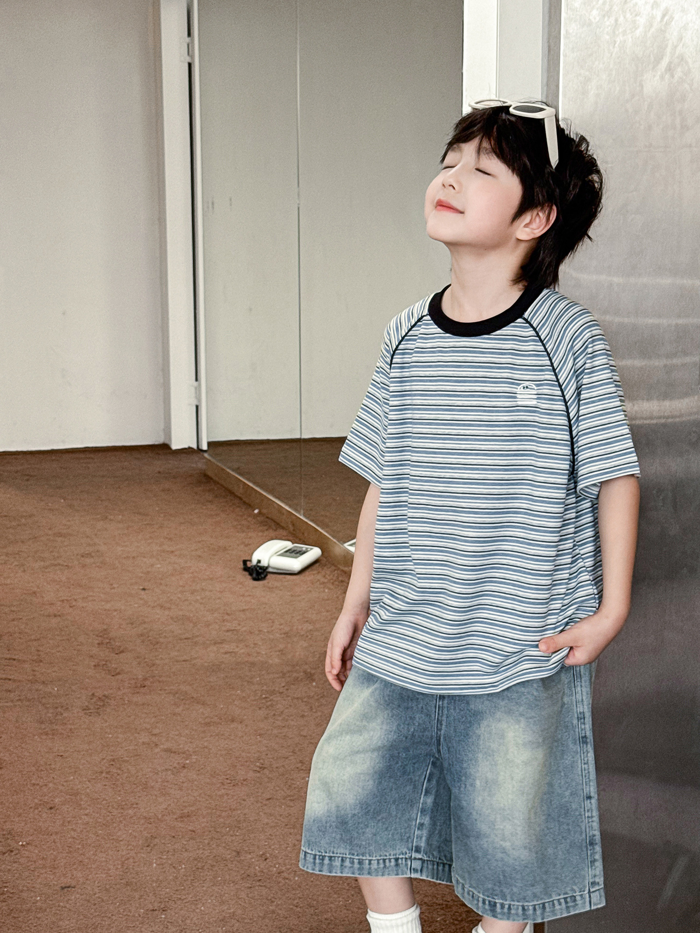 【90-150】Tシャツ 男の子 ハンバーガー刺繍 半袖ボーダー クルーネック カジュアル トップス - 画像 (3)