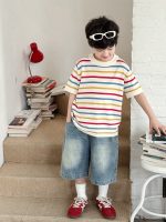 【90-150】半袖Tシャツ 男の子 ボーダー柄 クルーネック 薄手 カジュアル 韓国風 トップス - 画像 (4)