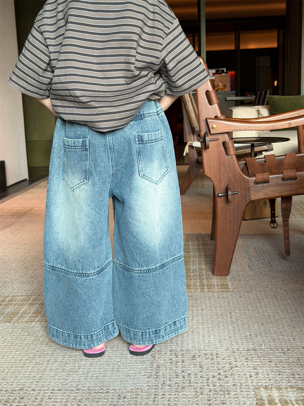 【90-150】デニムパンツ 男女兼用 切り替えデザイン ロールアップ ゆったり カジュアル ボトムス - 画像 (5)