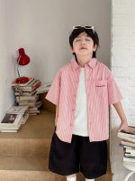 【90-150】半袖シャツ 男の子 ボーダー柄 襟付き ロゴ刺繍 ピンク カジュアル トップス - 画像 (2)