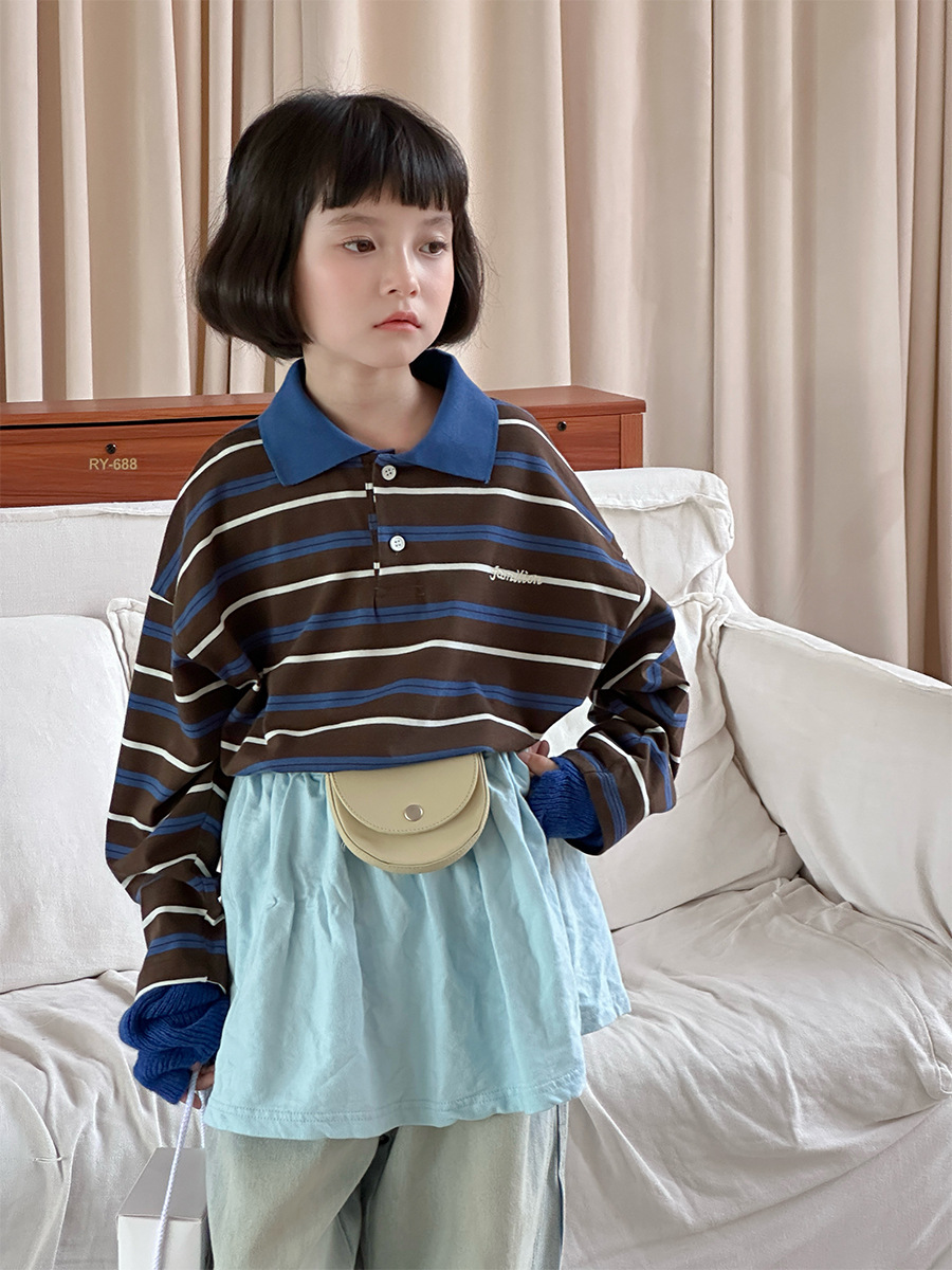 【90-150】長袖ポロシャツ 男女兼用 ボーダー 配色デザイン ロゴ刺繍 レトロ トップス - 画像 (4)