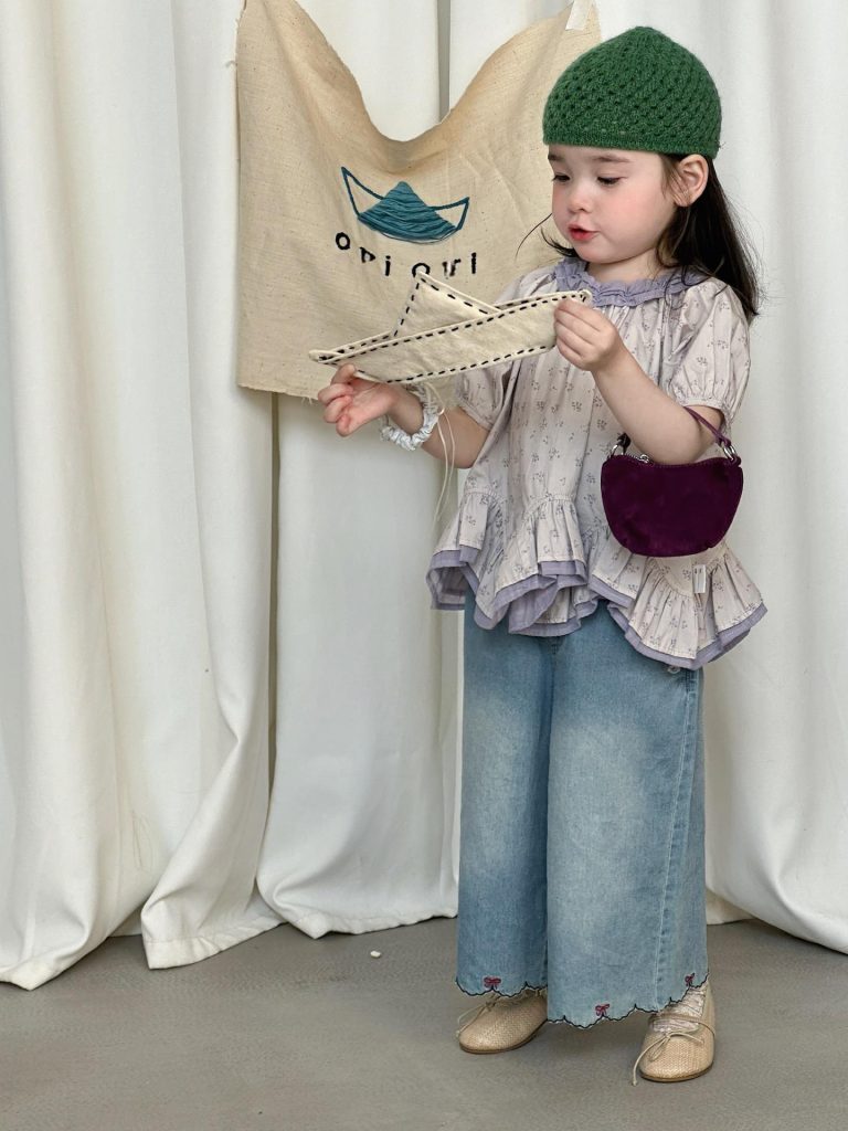 【90-140cm】半袖トップス or デニムパンツ 女の子 花柄 フリルデザイン