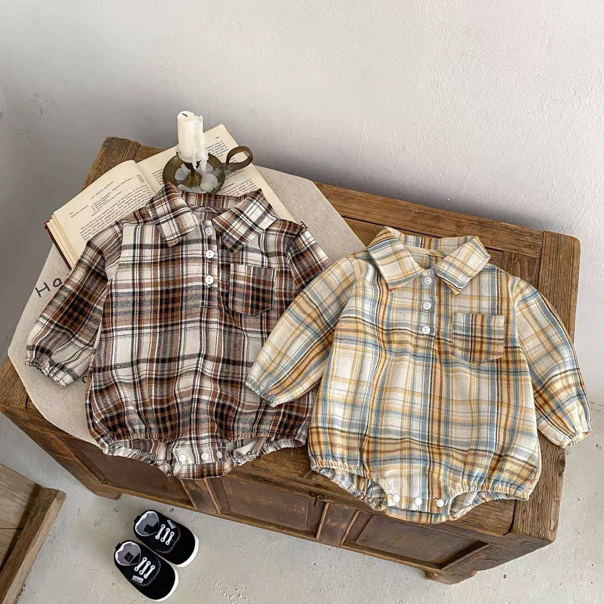 【66-90cm】ロンパース ベビー チェック柄 レトロ