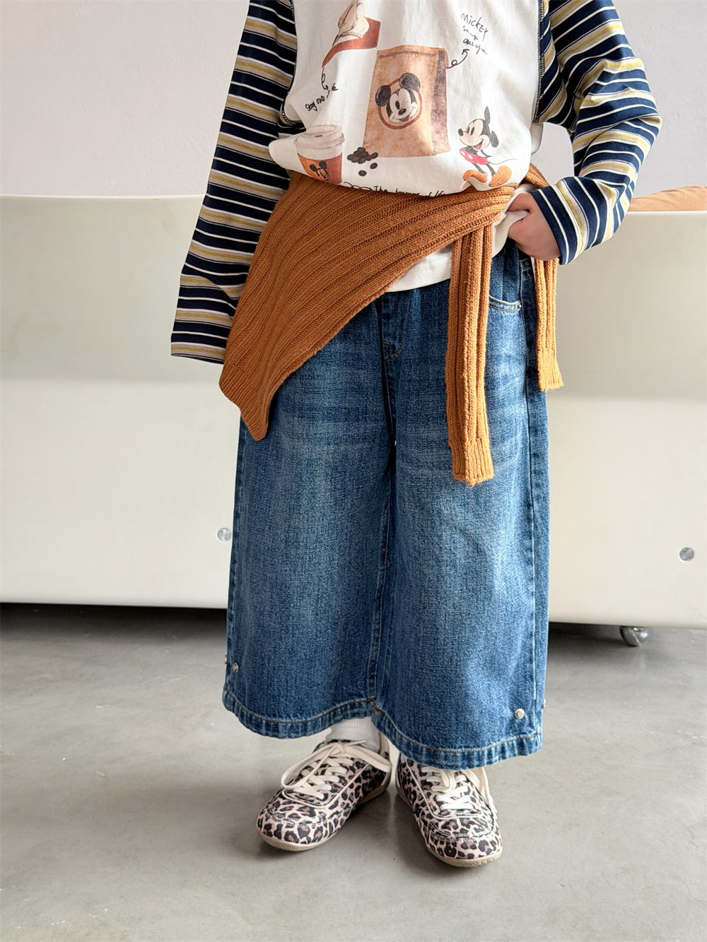 【90-150】デニムパンツ 男女兼用 七分丈 ストレート ウォッシュ加工 カジュアル 子供服 - 画像 (2)