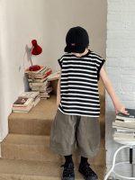 【90-150】タンクトップ 男の子 ボーダー柄 モノトーン ゆったり カジュアル トップス - 画像 (3)