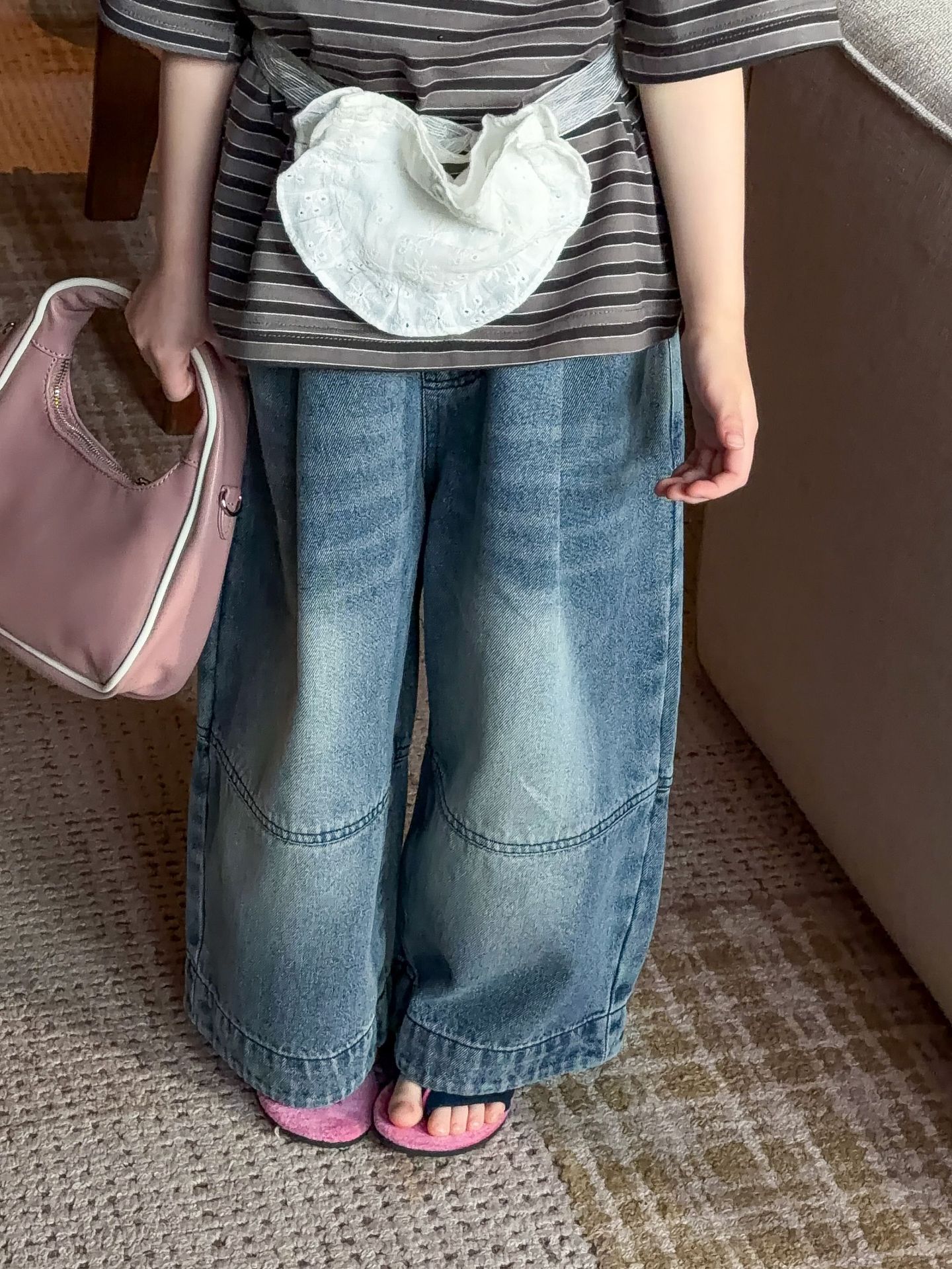 【90-150cm】デニムパンツ 男女兼用 切り替えデザイン ロールアップ ゆったり カジュアル ボトムス