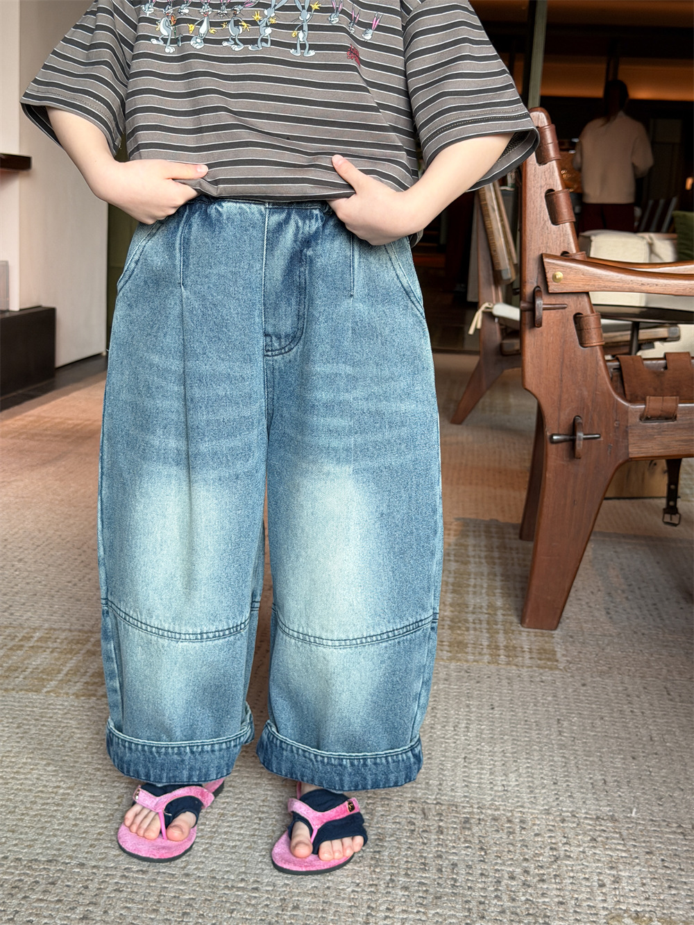 【90-150】デニムパンツ 男女兼用 切り替えデザイン ロールアップ ゆったり カジュアル ボトムス - 画像 (6)
