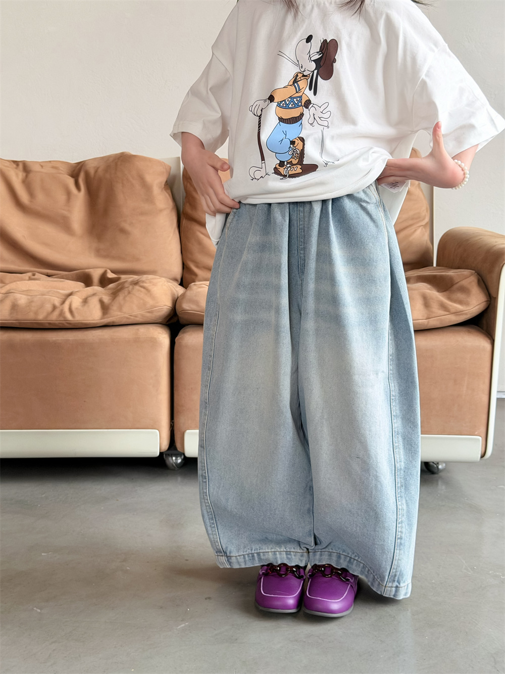 【90-150cm】デニムパンツ ゆったり ライトブルー カジュアル ロングパンツ