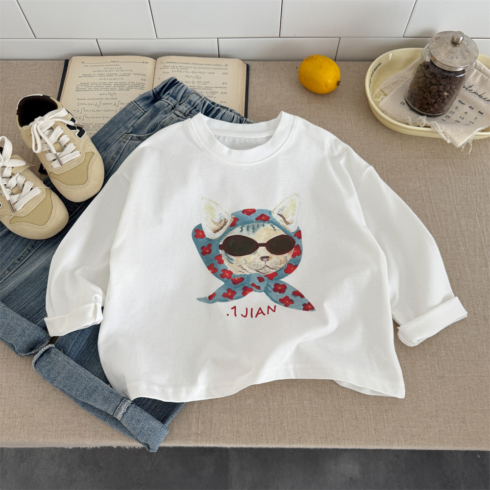 【90-150】Tシャツ カートゥーン プリント 猫柄 ラウンドネック 長袖 トップス - 画像 (15)