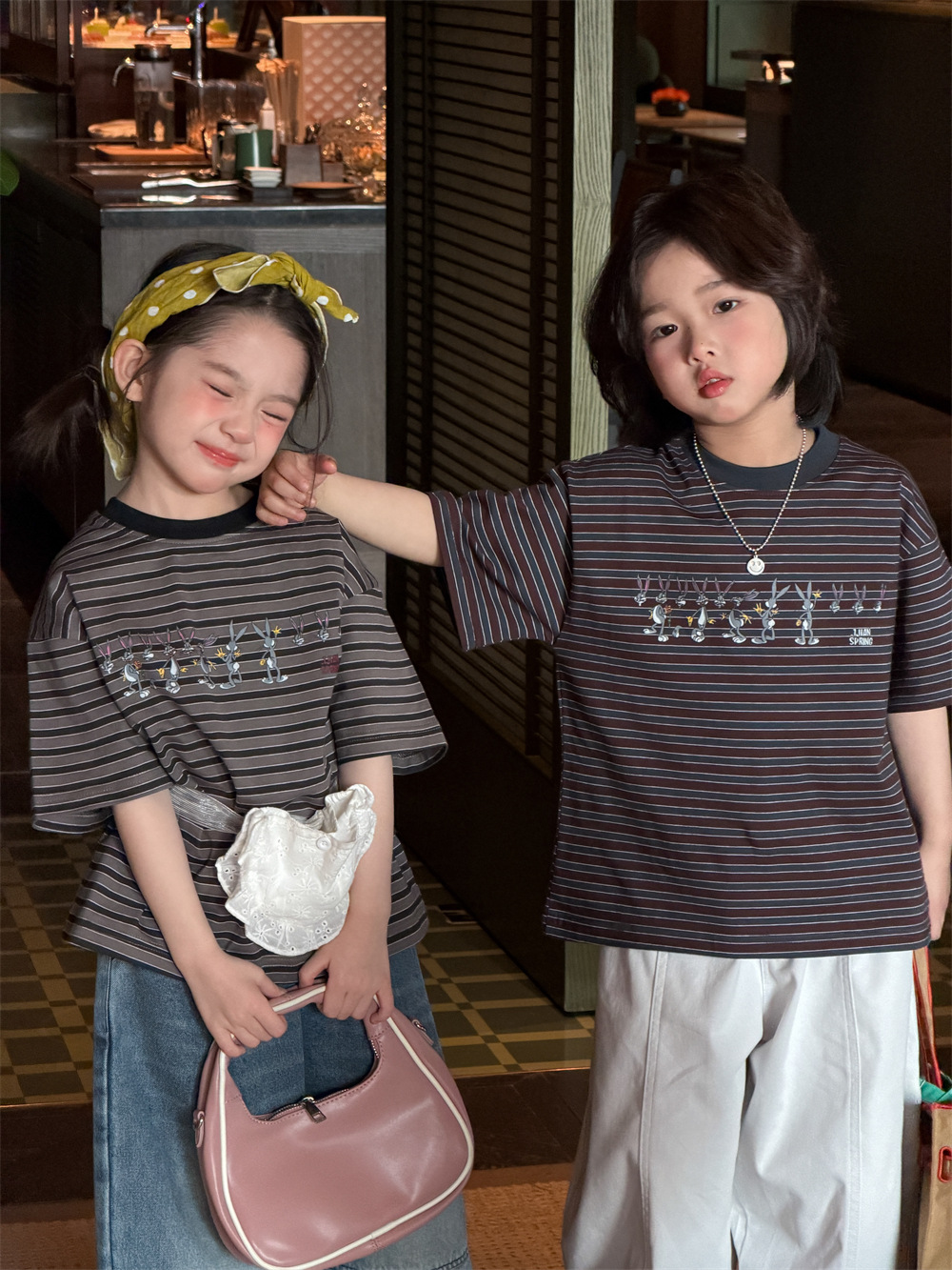 【90-150】Tシャツ 半袖 カートゥーン ボーダー 可愛い ディリー トップス - 画像 (3)
