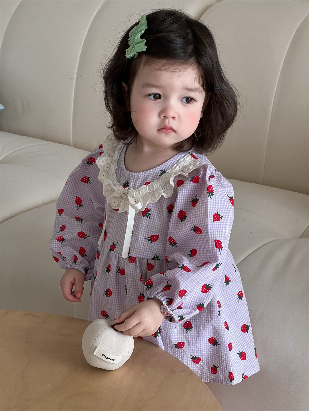 【66-100】ベビー 女の子 イチゴ柄 長袖 ワンピース - 画像 (3)