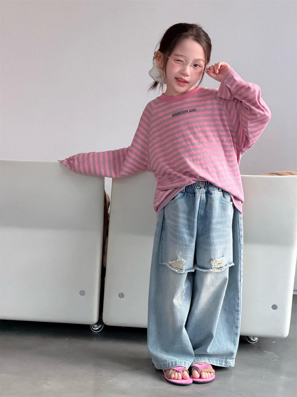 【90-150】Tシャツ 長袖 ボーダー ルーズ 合わせやすい トップス - 画像 (6)