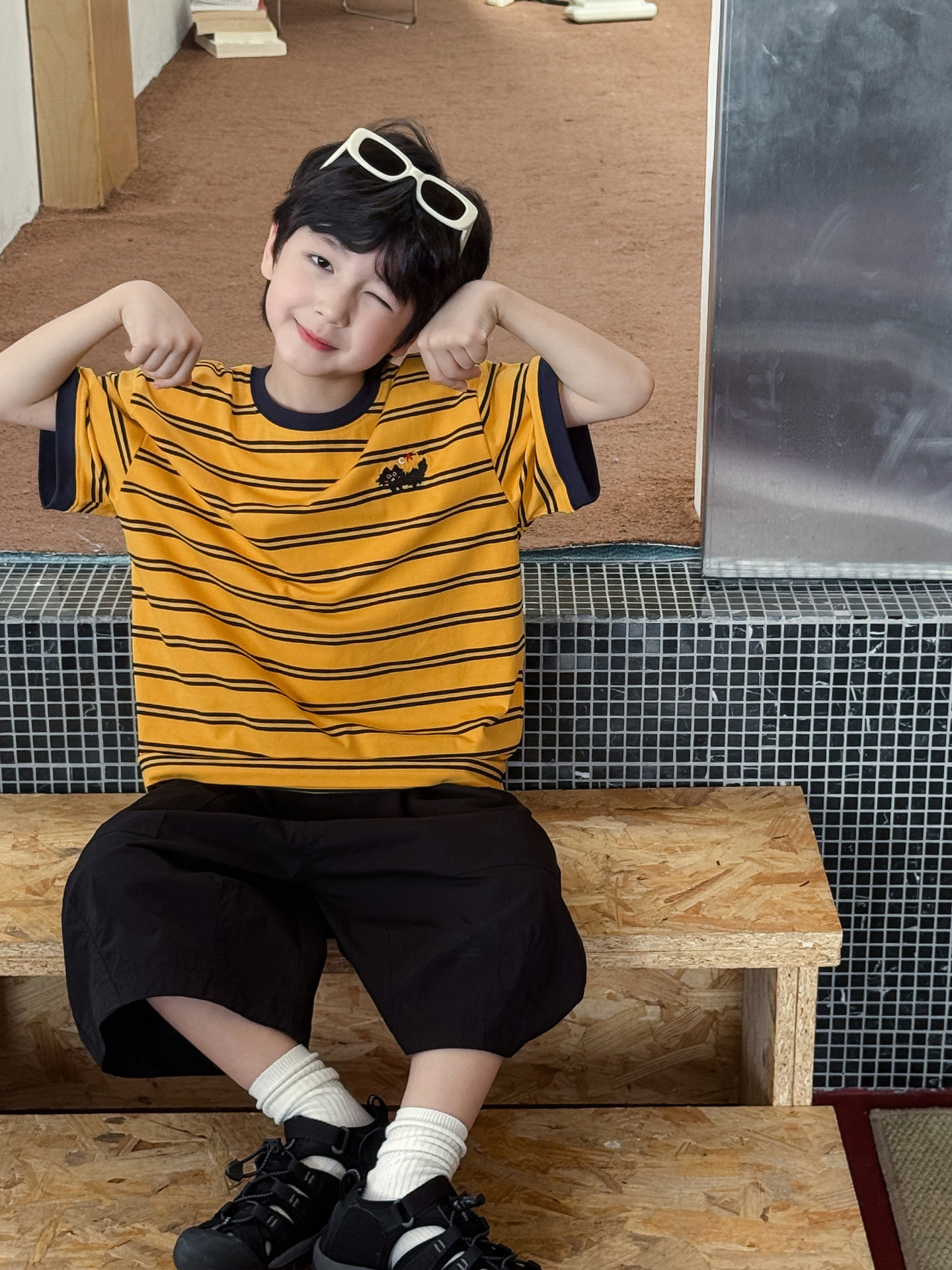 【90-150】Tシャツ 男の子 半袖 キャット刺繍 ボーダー クルーネック ゆったり カジュアル トップス