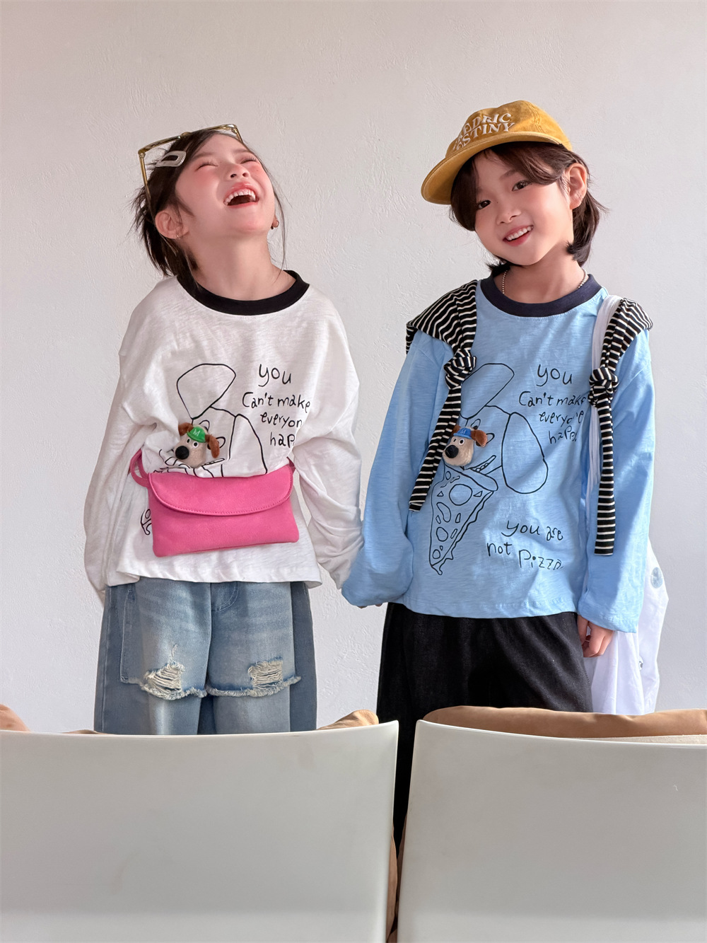 【90-150】長袖Tシャツ 男女兼用 犬柄プリント 配色襟 ゆったり カジュアル トップス - 画像 (4)
