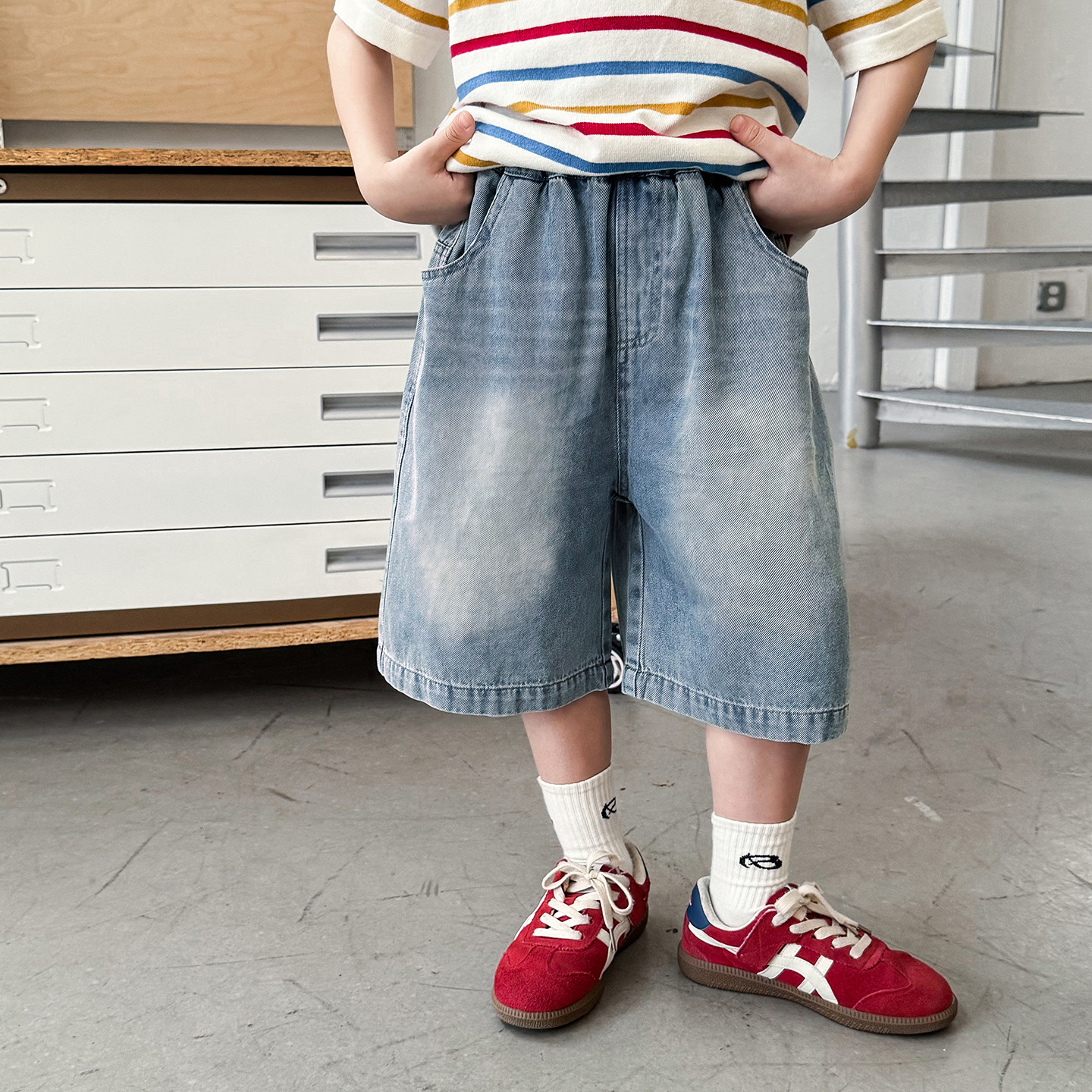 【90-150】デニムショートパンツ 男の子 バックポケットタグ ウォッシュ加工 カジュアル 子供服