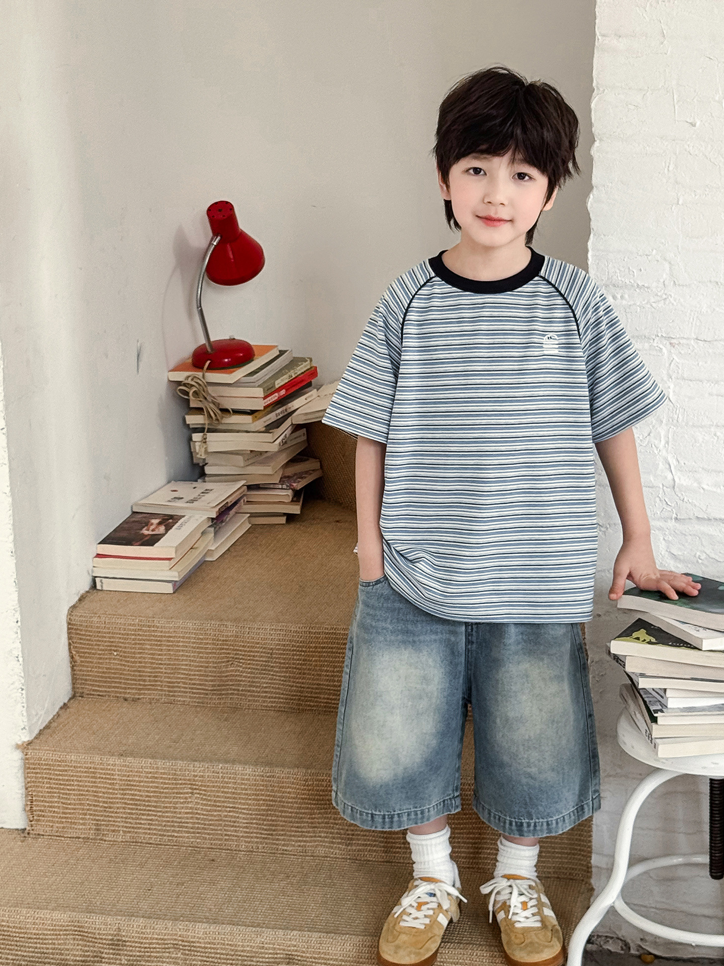 【90-150】Tシャツ 男の子 ハンバーガー刺繍 半袖ボーダー クルーネック カジュアル トップス - 画像 (5)