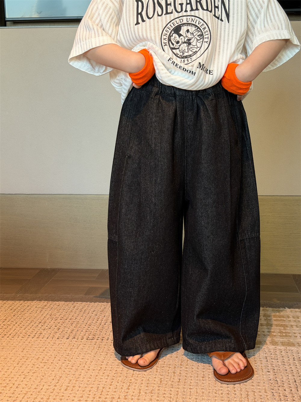 【90-150】ワイドデニムパンツ キッズ 無地 男女兼用 カーブデニム ゆったり カジュアル 子供服