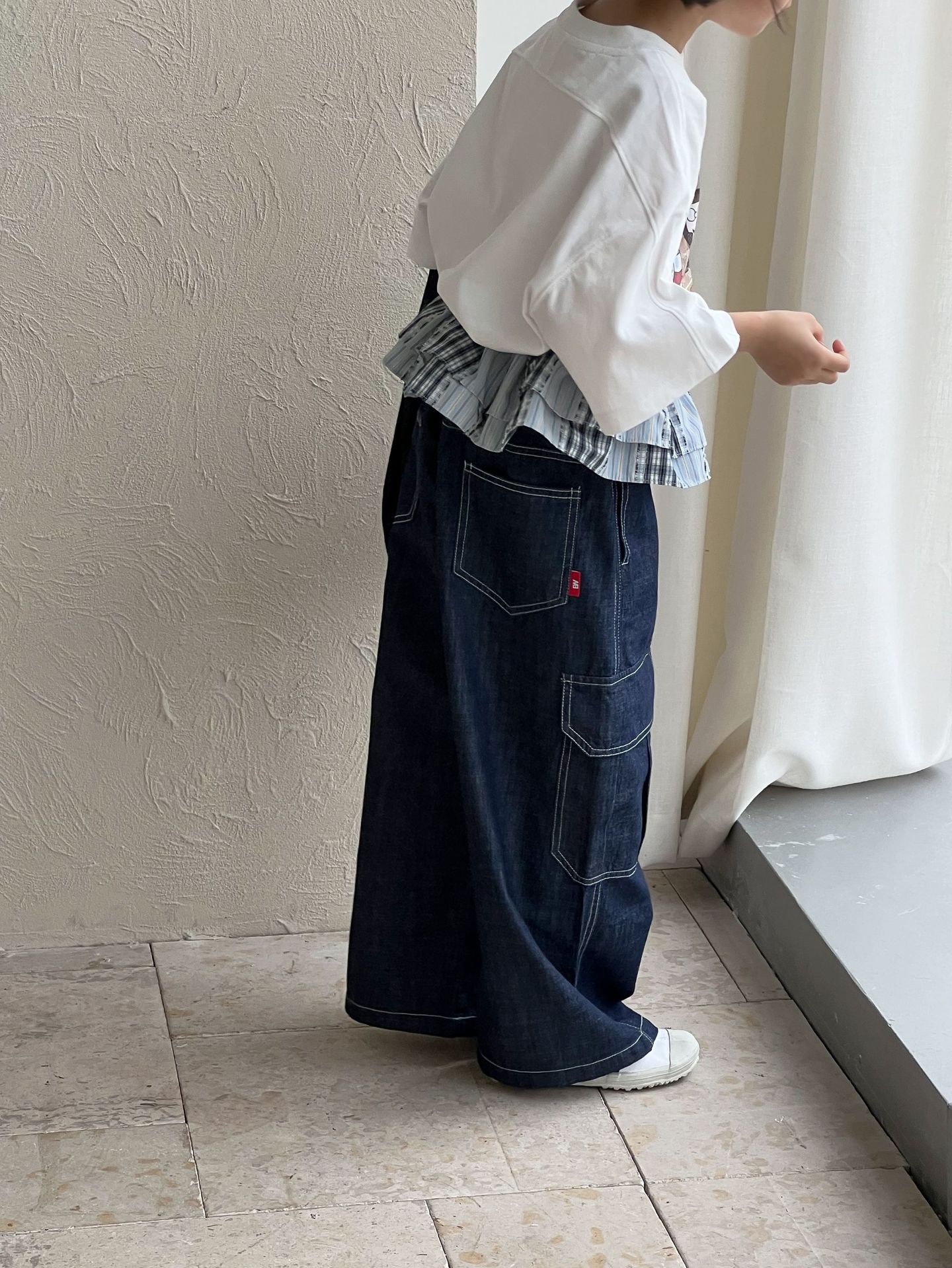 【90-150】デニムパンツ ストレート 薄手 サイドポケット ステッチ カジュアル ボトムス - 画像 (4)