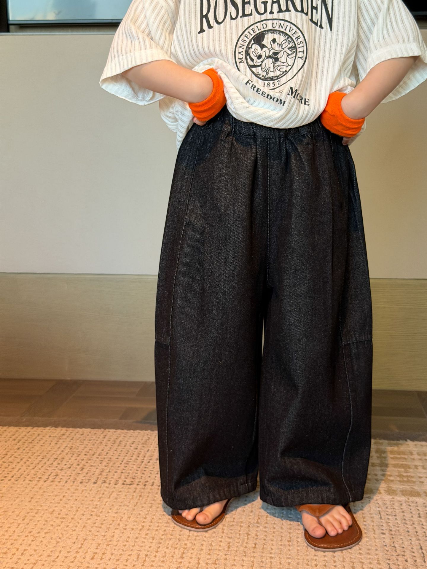 【90-150】ワイドデニムパンツ キッズ 無地 男女兼用 カーブデニム ゆったり カジュアル 子供服 - 画像 (6)
