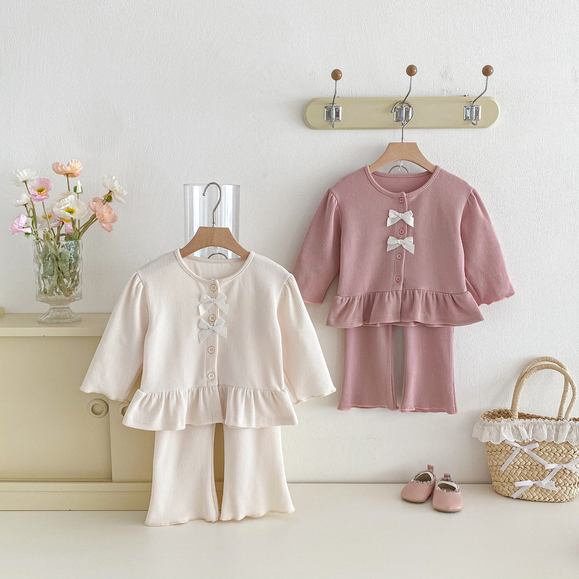 【80-130】女の子 セットアップ トップス+パンツ リボン付き - 画像 (3)