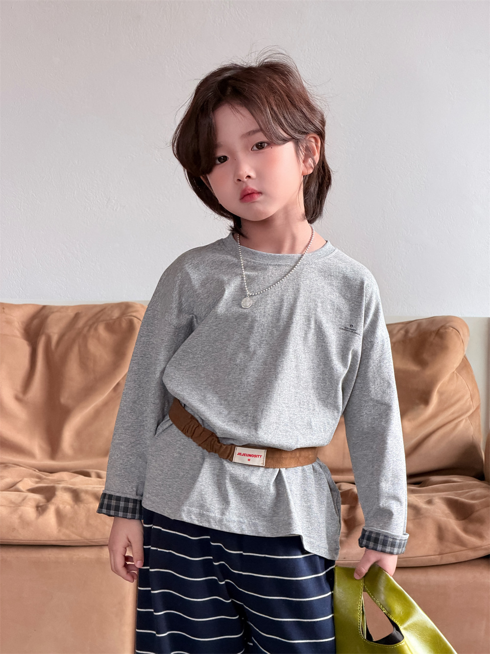 【90-150】長袖Tシャツ 男女兼用 チェック柄 配色デザイン クルーネック カジュアル 韓国風 トップス - 画像 (3)