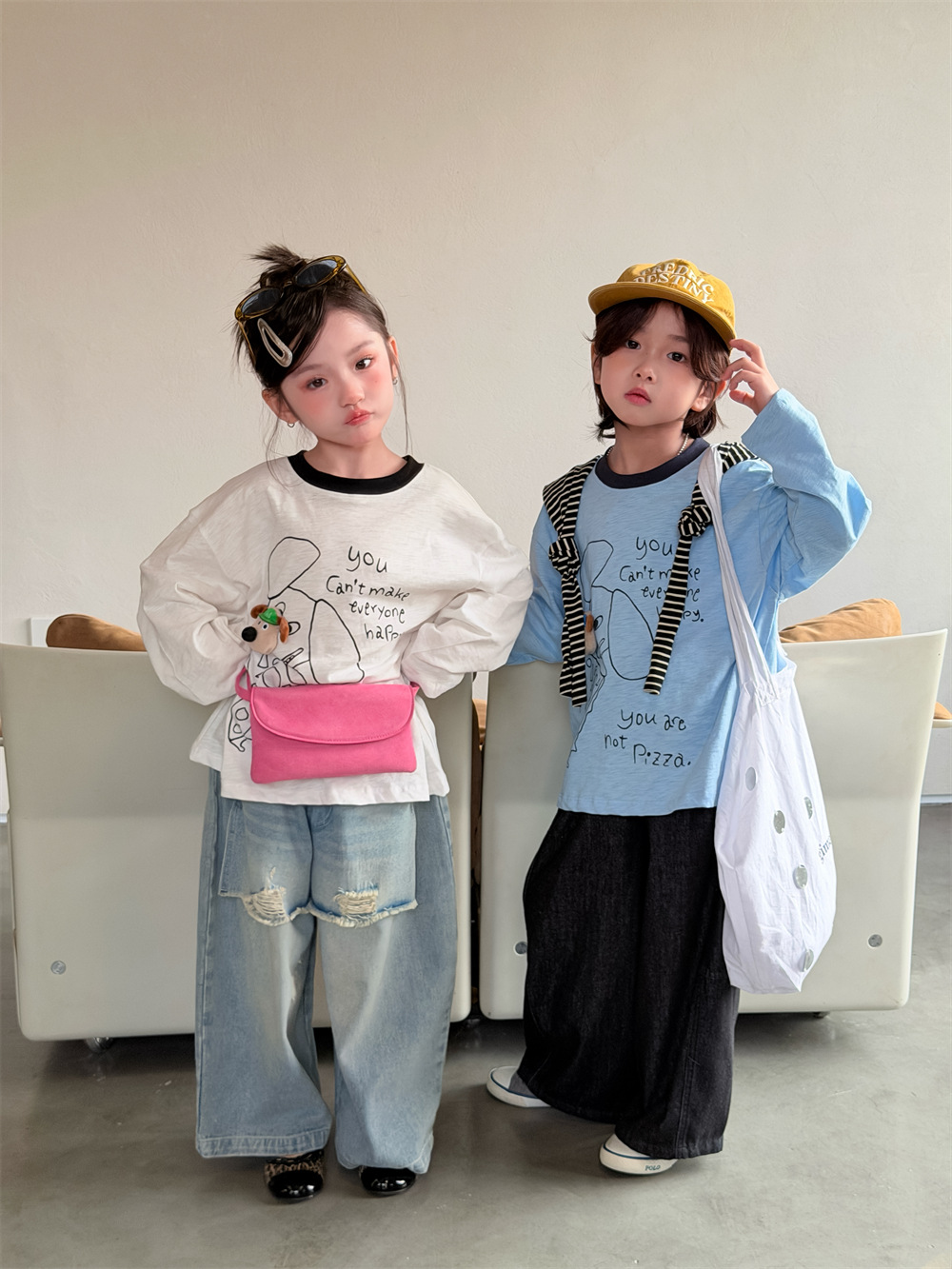 【90-150】長袖Tシャツ 男女兼用 犬柄プリント 配色襟 ゆったり カジュアル トップス - 画像 (3)