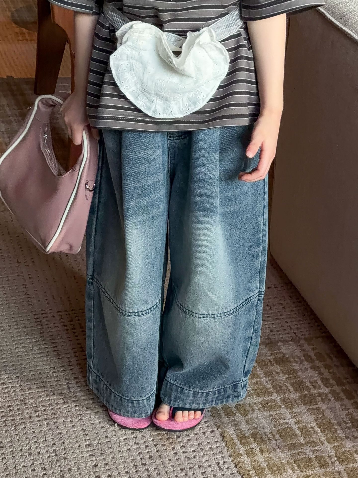 【90-150】デニムパンツ 男女兼用 切り替えデザイン ロールアップ ゆったり カジュアル ボトムス - 画像 (3)