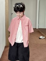 【90-150】半袖シャツ 男の子 ボーダー柄 襟付き ロゴ刺繍 ピンク カジュアル トップス