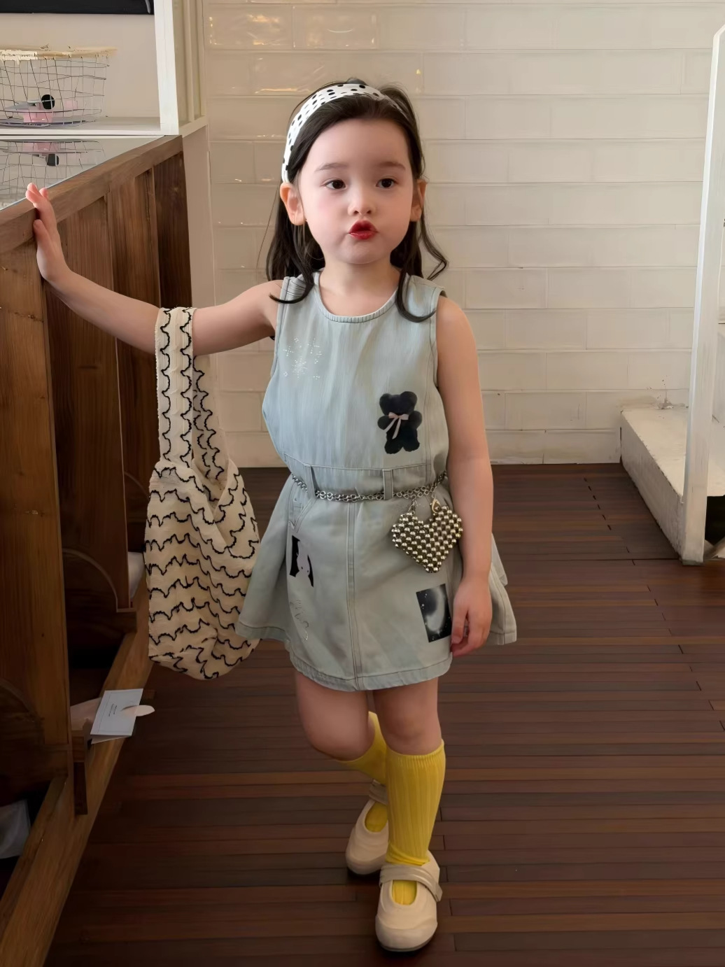 【90-140cm】ワンピース 女の子 クマ柄 デニム ノースリーブ