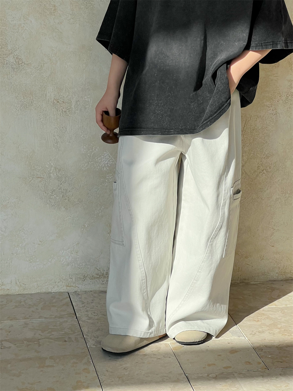 【90-150】カジュアルパンツ ストレート ゆったり ウォッシュド ロングパンツ - 画像 (4)
