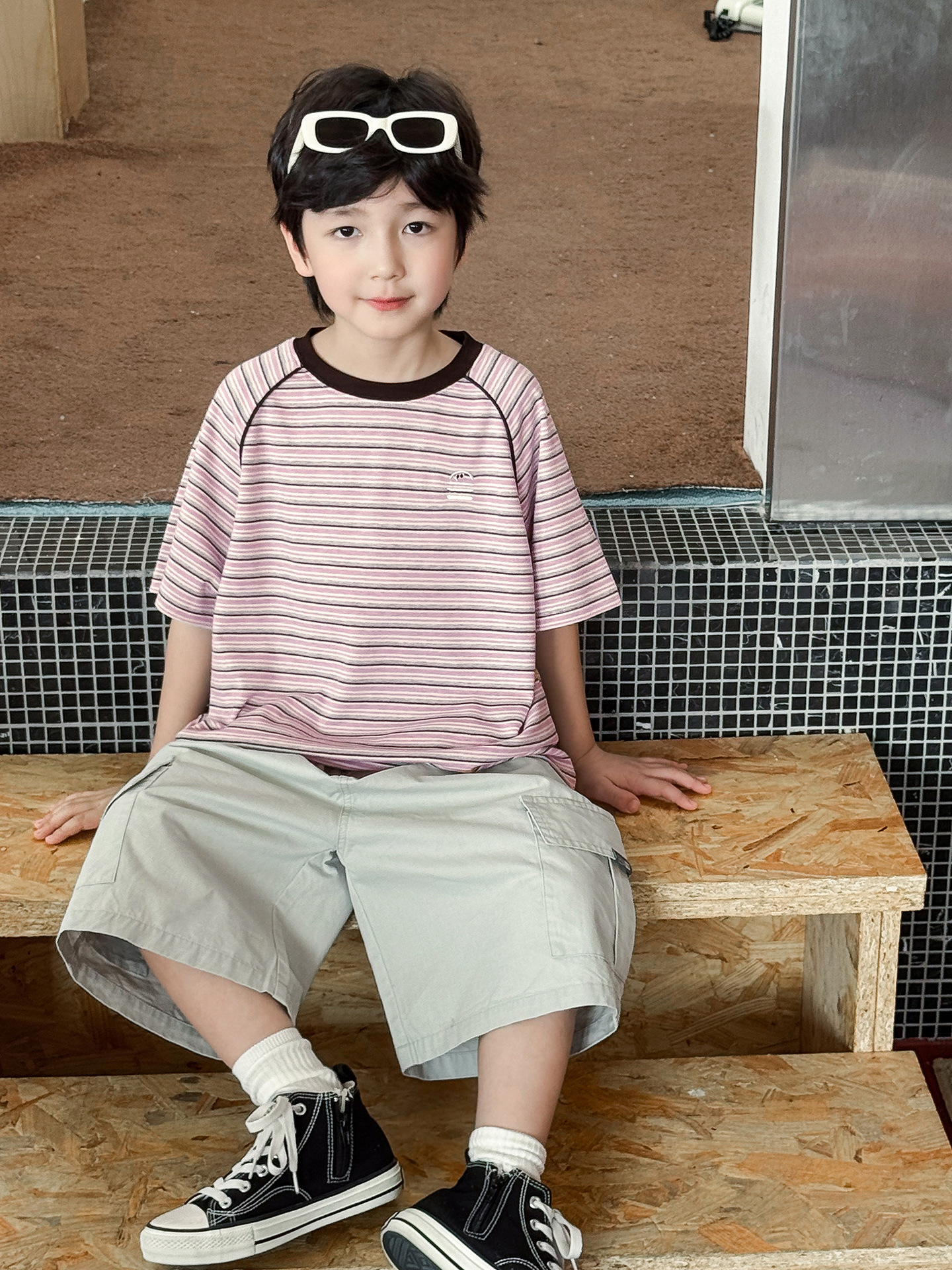 【90-150】Tシャツ 男の子 ハンバーガー刺繍 半袖ボーダー クルーネック カジュアル トップス - 画像 (4)
